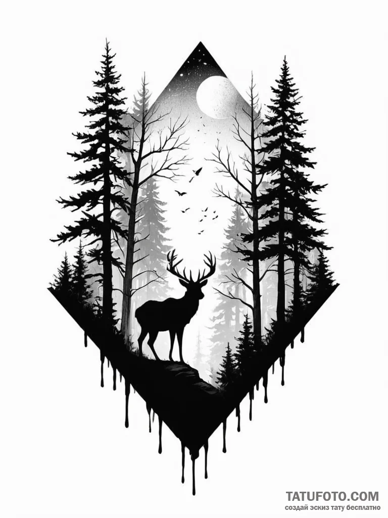 Tattoo sketch a forest silhouette with an ani... - эскиз тату (№1752688527_0, 16.07.2025 17:55) — Tatufoto.com