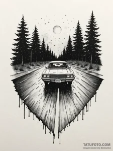 A car driving on a wet road at night, headlig... - эскиз тату (№1752689331_0, 16.07.2025 18:08) — Tatufoto.com