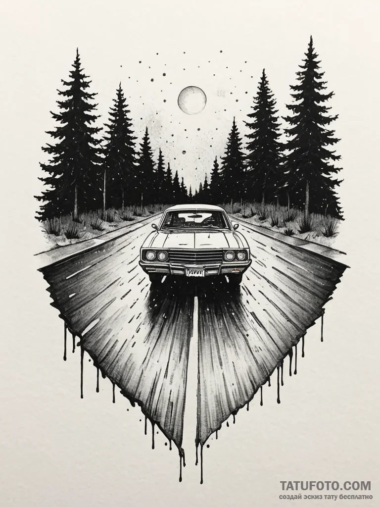 A car driving on a wet road at night, headlig... - эскиз тату (№1752689331_0, 16.07.2025 18:08) — Tatufoto.com