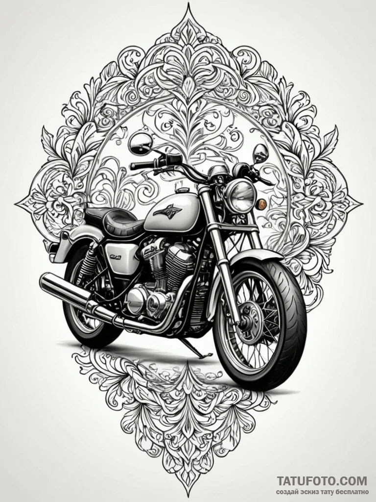 Motorcycle, artistic tattoo sketch, ornamenta... - эскиз тату (№1752689984_0, 16.07.2025 18:19) — Tatufoto.com