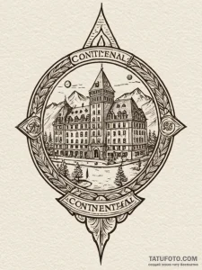 A sketch of the continental hotel coin, a sym... - эскиз тату (№1752690149_0, 16.07.2025 18:22) — Tatufoto.com