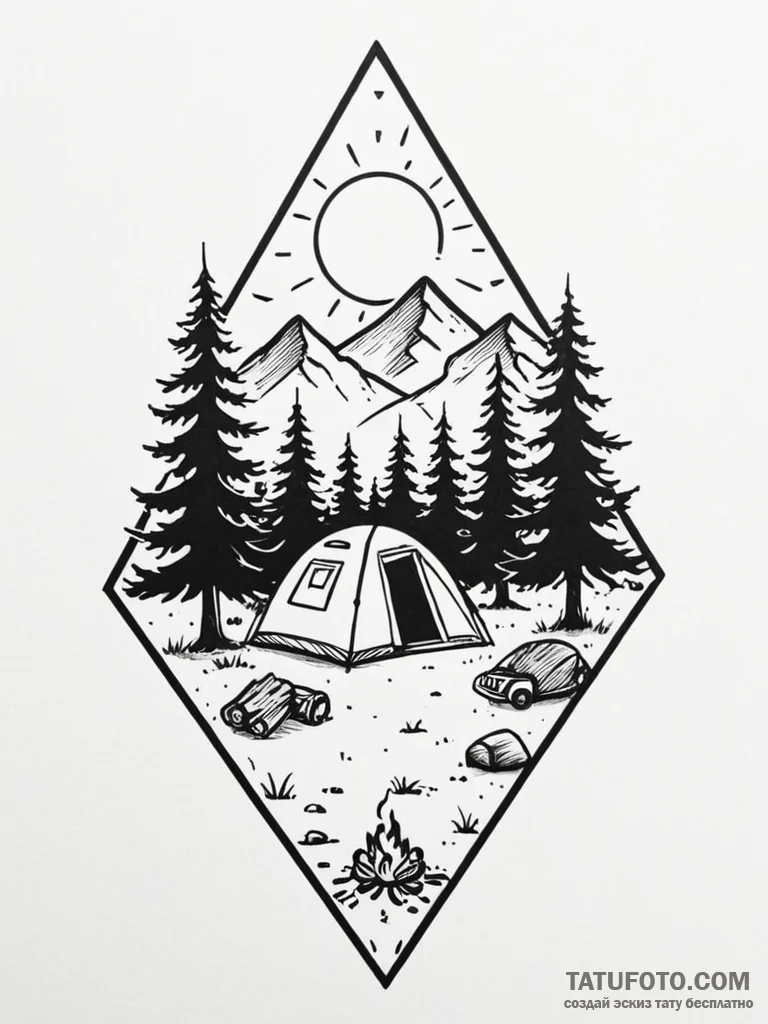 Tattoo design a small, minimalist camping sce... - эскиз тату (№1752690883_0, 16.07.2025 18:34) — Tatufoto.com