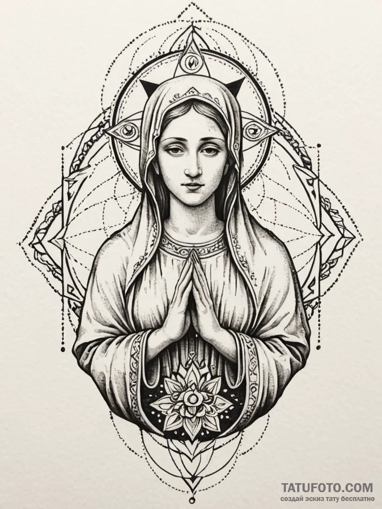 Mother of god, tattoo line art, sepia tone sk... - эскиз тату (№1752697162_0, 16.07.2025 20:19) — Tatufoto.com