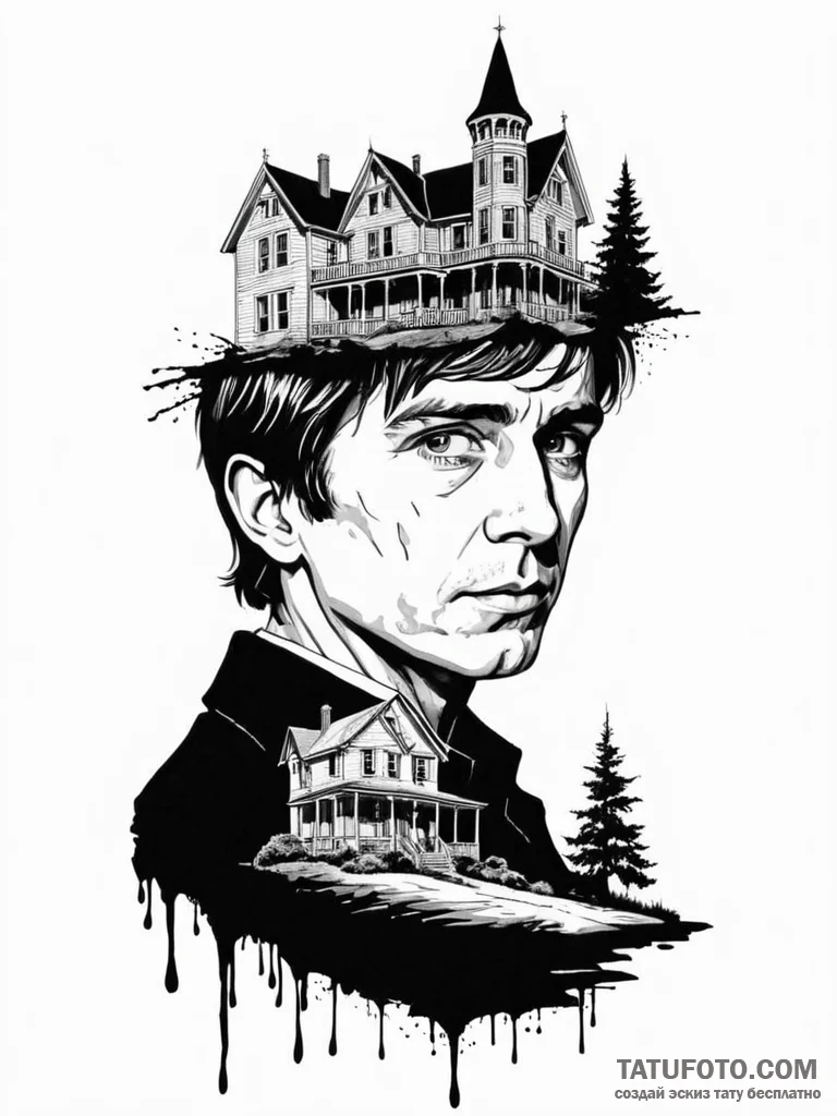 A sketch of norman bates’ silhouette in front… — эскиз тату (№1752697803_0, 16.07.2025 20:30) — Tatufoto.com