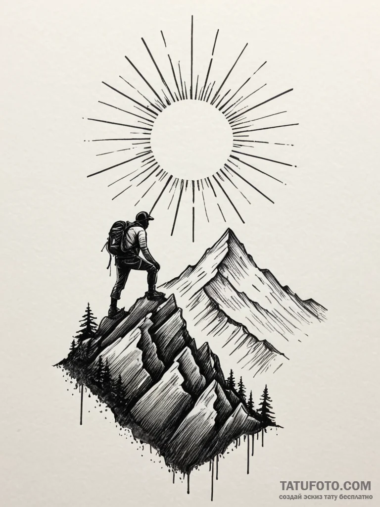 Tattoo sketch a mountain climber reaching a s… — эскиз тату (№1752697884_0, 16.07.2025 20:31) — Tatufoto.com