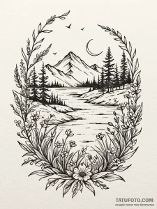 Tattoo design: a landscape of a serene meadow... - эскиз тату (№1752699356_0, 16.07.2025 20:55) — Tatufoto.com