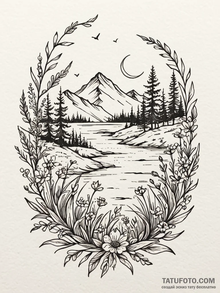 Tattoo design: a landscape of a serene meadow... - эскиз тату (№1752699356_0, 16.07.2025 20:55) — Tatufoto.com