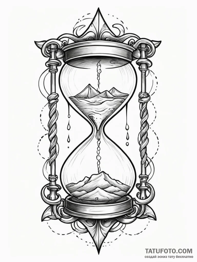 Tattoo sketch a classic hourglass where sand... - эскиз тату (№1752700365_0, 16.07.2025 21:12) — Tatufoto.com