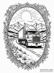 A long-haul truck driving down a deserted hig... - эскиз тату (№1752700911_0, 16.07.2025 21:21) — Tatufoto.com