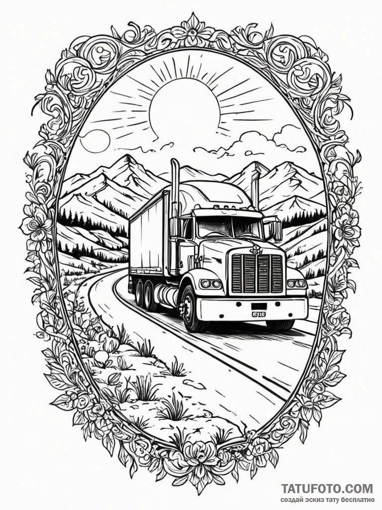 A long-haul truck driving down a deserted hig... - эскиз тату (№1752700911_0, 16.07.2025 21:21) — Tatufoto.com