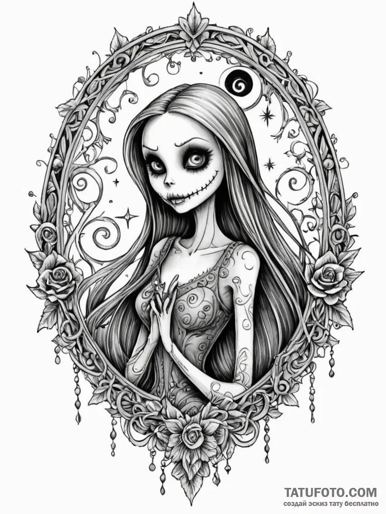 A watercolor sketch of sally, stitched togeth... - эскиз тату (№1752701222_0, 16.07.2025 21:27) — Tatufoto.com