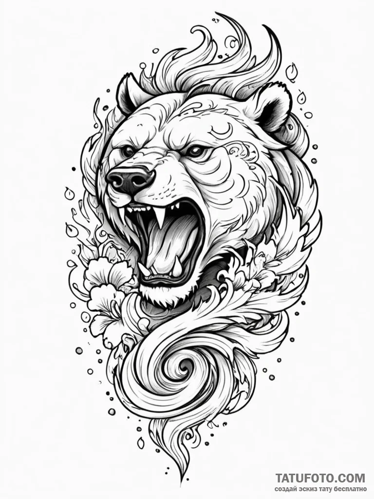 Tattoo sketch a bear's head roaring, with tri... - эскиз тату (№1752702231_0, 16.07.2025 21:43) — Tatufoto.com