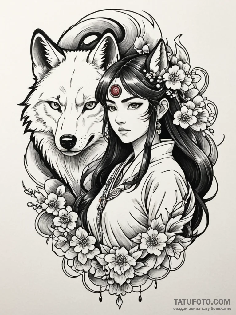 A neo-traditional portrait of princess monono… — эскиз тату (№1752703322_0, 16.07.2025 22:02) — Tatufoto.com