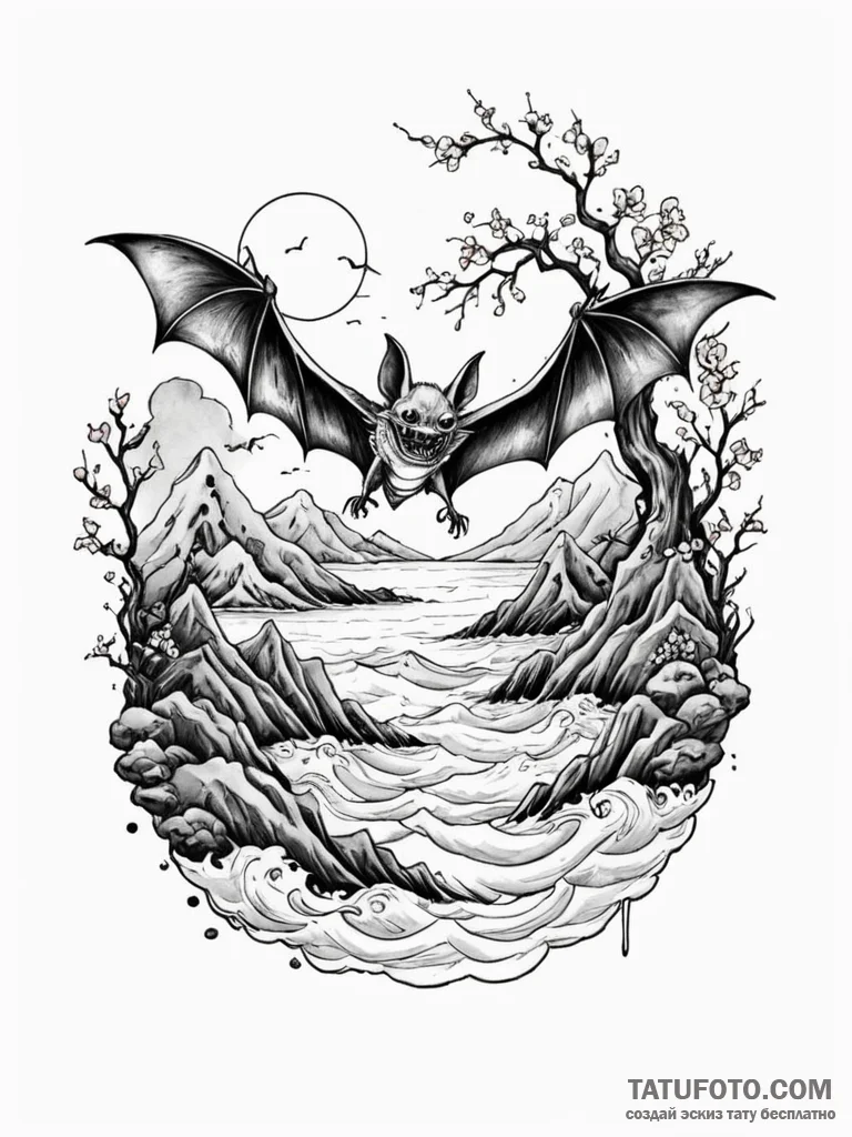 A watercolor sketch of the "bat country" scen... - эскиз тату (№1752703640_0, 16.07.2025 22:07) — Tatufoto.com