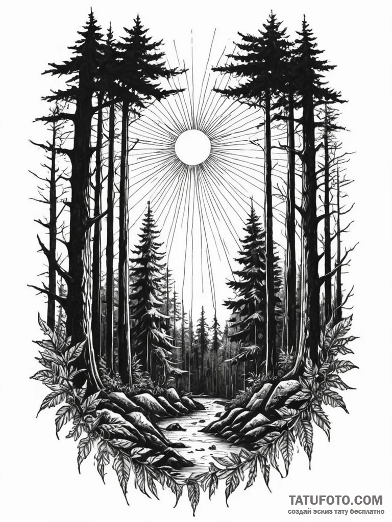A sunbeam piercing through the canopy of a de... - эскиз тату (№1752704579_0, 16.07.2025 22:22) — Tatufoto.com
