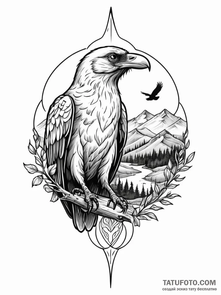 Tattoo design a stylized raven or eagle watch… — эскиз тату (№1752705205_0, 16.07.2025 22:33) — Tatufoto.com