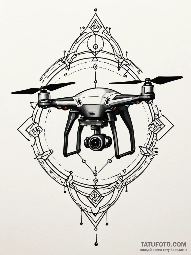 Tattoo sketch a small, stylized drone with gl... - эскиз тату (№1752705522_0, 16.07.2025 22:38) — Tatufoto.com