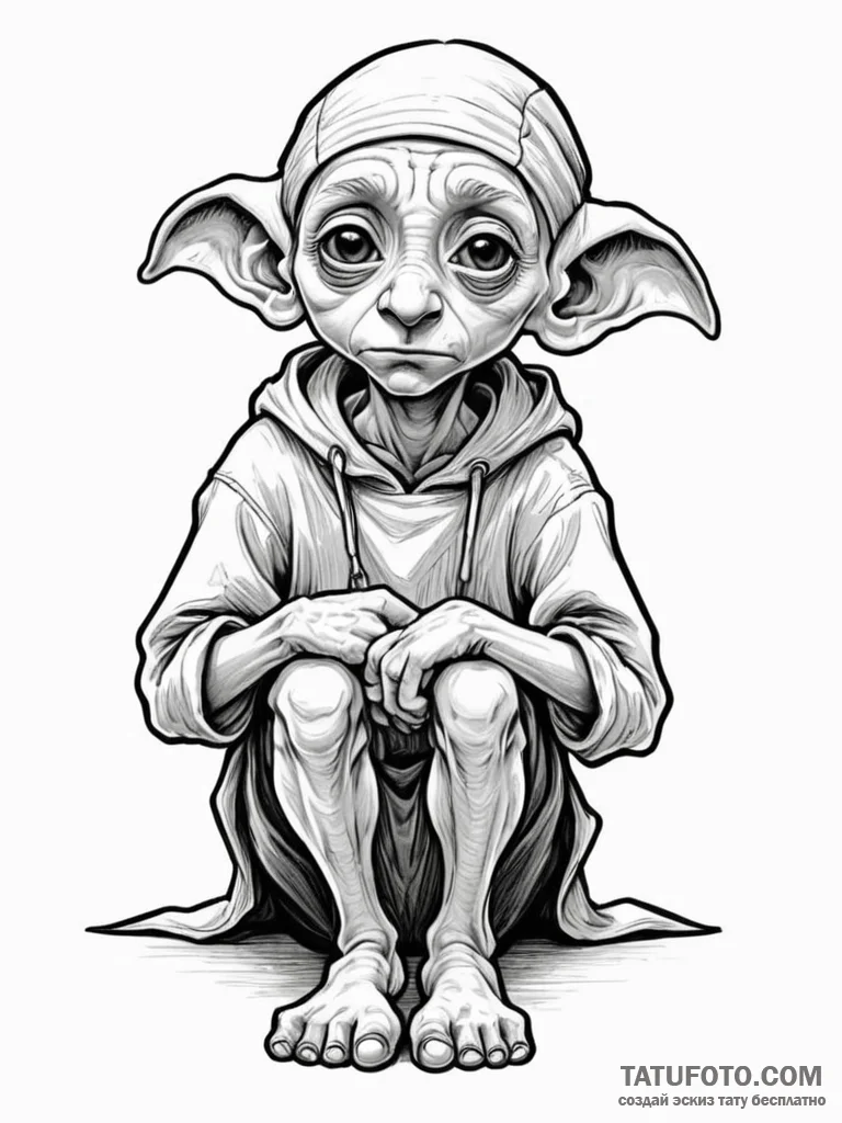 A sketch of dobby the house-elf, with his big… — эскиз тату (№1752706071_0, 16.07.2025 22:47) — Tatufoto.com