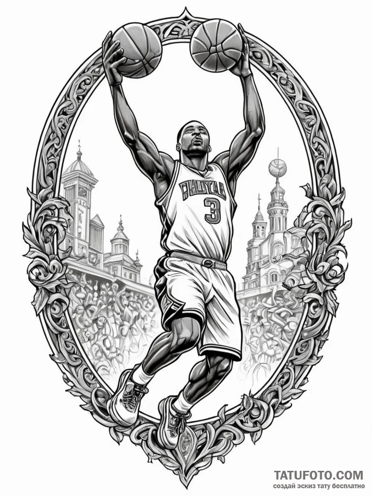 A low-angle shot of a basketball player dunki... - эскиз тату (№1752706309_0, 16.07.2025 22:51) — Tatufoto.com