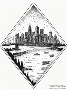 A view of a city skyline from across a river,... - эскиз тату (№1752706387_0, 16.07.2025 22:53) — Tatufoto.com