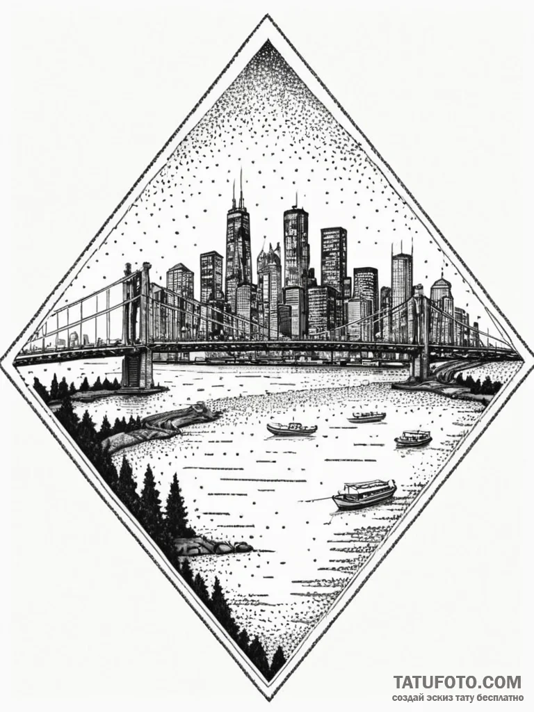 A view of a city skyline from across a river,... - эскиз тату (№1752706387_0, 16.07.2025 22:53) — Tatufoto.com
