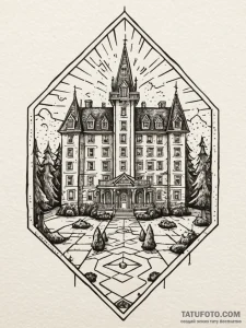 A linework tattoo of the overlook hotel carpe... - эскиз тату (№1752706623_0, 16.07.2025 22:57) — Tatufoto.com
