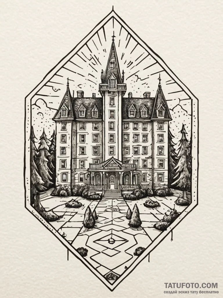 A linework tattoo of the overlook hotel carpe... - эскиз тату (№1752706623_0, 16.07.2025 22:57) — Tatufoto.com