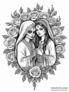 Tattoo sketch: a scene of a joyous slavic wed... - эскиз тату (№1752707333_0, 16.07.2025 23:08) — Tatufoto.com