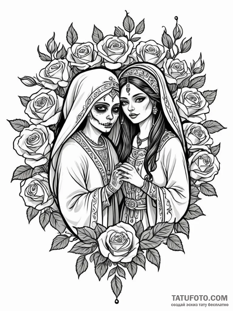 Tattoo sketch: a scene of a joyous slavic wed... - эскиз тату (№1752707333_0, 16.07.2025 23:08) — Tatufoto.com