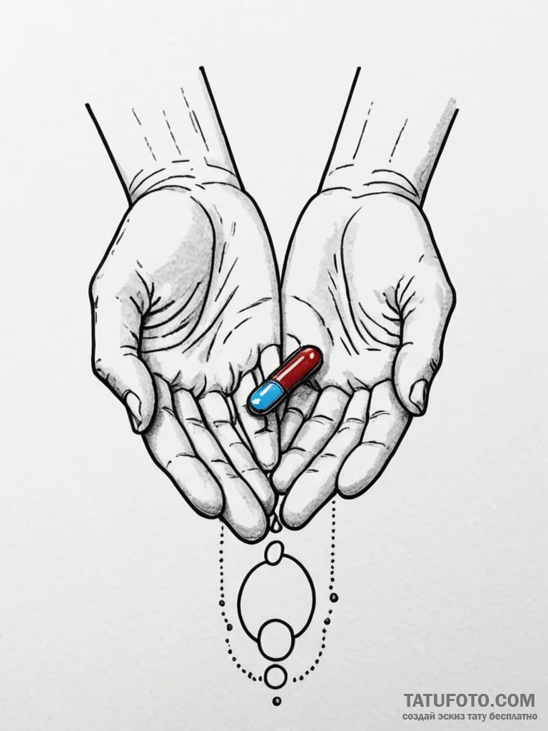 A dotwork tattoo of the red pill and the blue... - эскиз тату (№1752708224_0, 16.07.2025 23:23) — Tatufoto.com