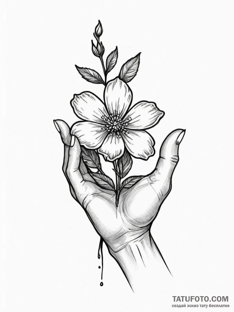 Tattoo sketch a hand holding a single, delica... - эскиз тату (№1752708301_0, 16.07.2025 23:25) — Tatufoto.com