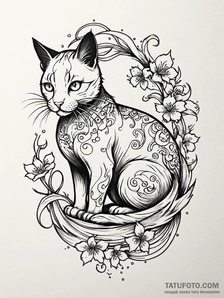 Tattoo sketch a stylized black cat, alluring... - эскиз тату (№1752708994_0, 16.07.2025 23:36) — Tatufoto.com