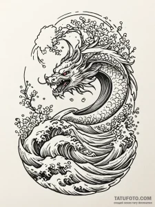 A surfer riding a massive, curling wave., tat... - эскиз тату (№1752710471_0, 17.07.2025 00:01) — Tatufoto.com