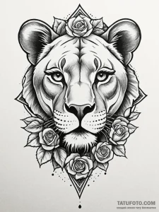 Tattoo sketch a powerful lioness face, serene... - эскиз тату (№1752711638_0, 17.07.2025 00:20) — Tatufoto.com