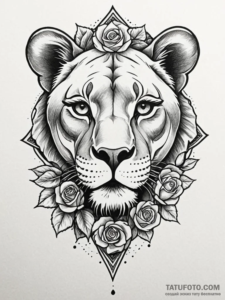 Tattoo sketch a powerful lioness face, serene... - эскиз тату (№1752711638_0, 17.07.2025 00:20) — Tatufoto.com