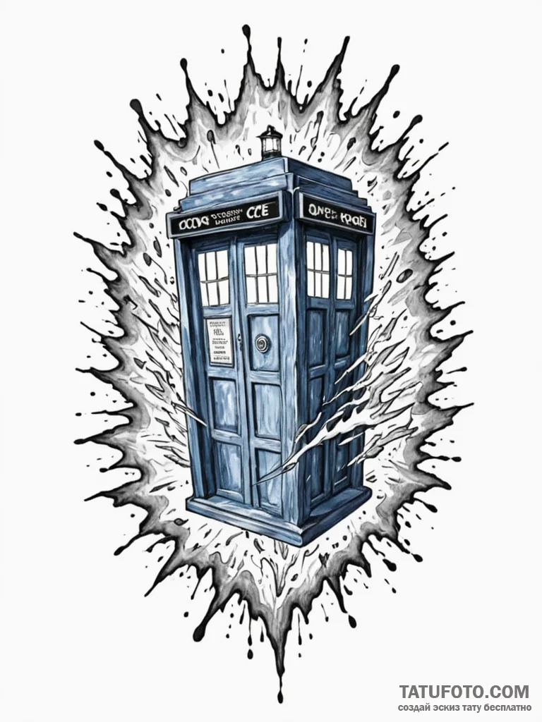 A watercolor tattoo of the tardis exploding,... - эскиз тату (№1752712186_0, 17.07.2025 00:29) — Tatufoto.com