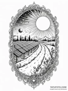 A shot of a solar panel farm stretching to th... - эскиз тату (№1752712264_0, 17.07.2025 00:31) — Tatufoto.com