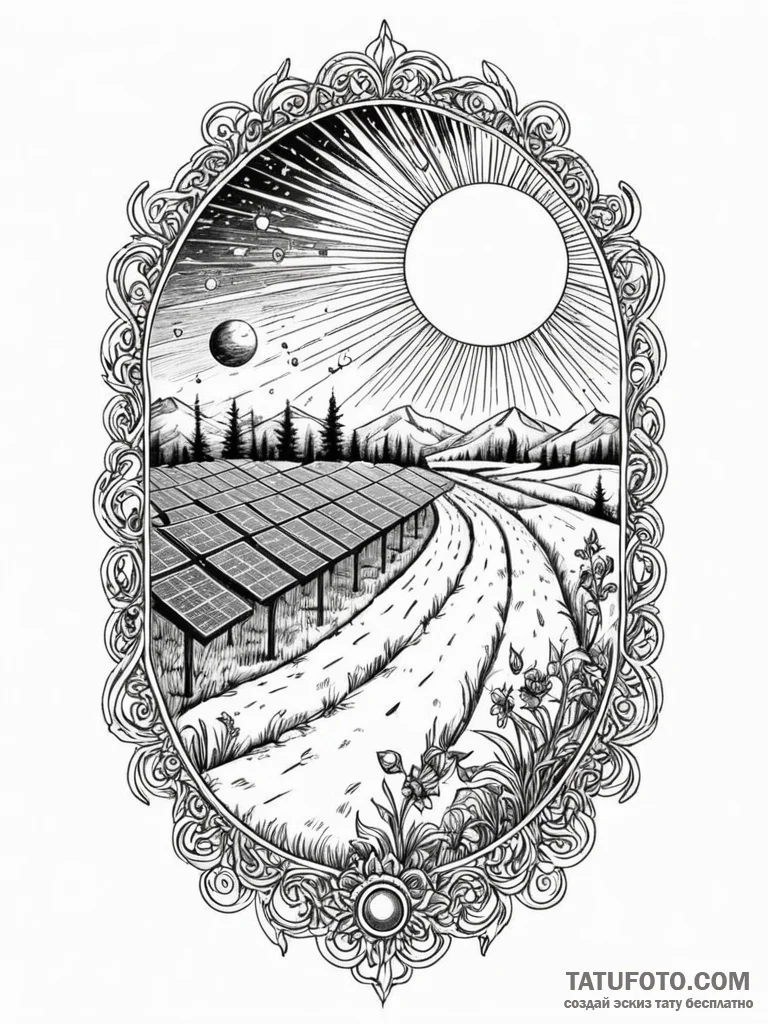 A shot of a solar panel farm stretching to th… — эскиз тату (№1752712264_0, 17.07.2025 00:31) — Tatufoto.com