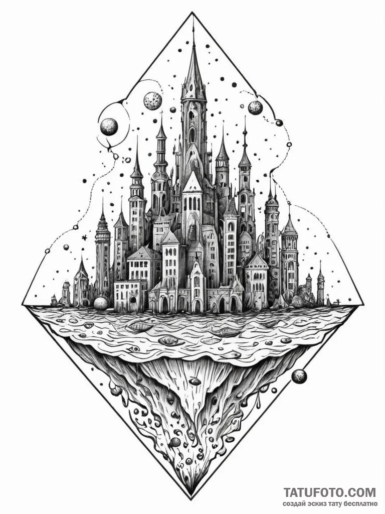 Tattoo sketch an underwater city with glowing… — эскиз тату (№1752713121_0, 17.07.2025 00:45) — Tatufoto.com
