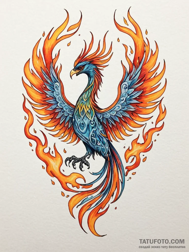 Tattoo sketch: a phoenix rising from flames,… — эскиз тату (№1752716747_0, 17.07.2025 01:45) — Tatufoto.com
