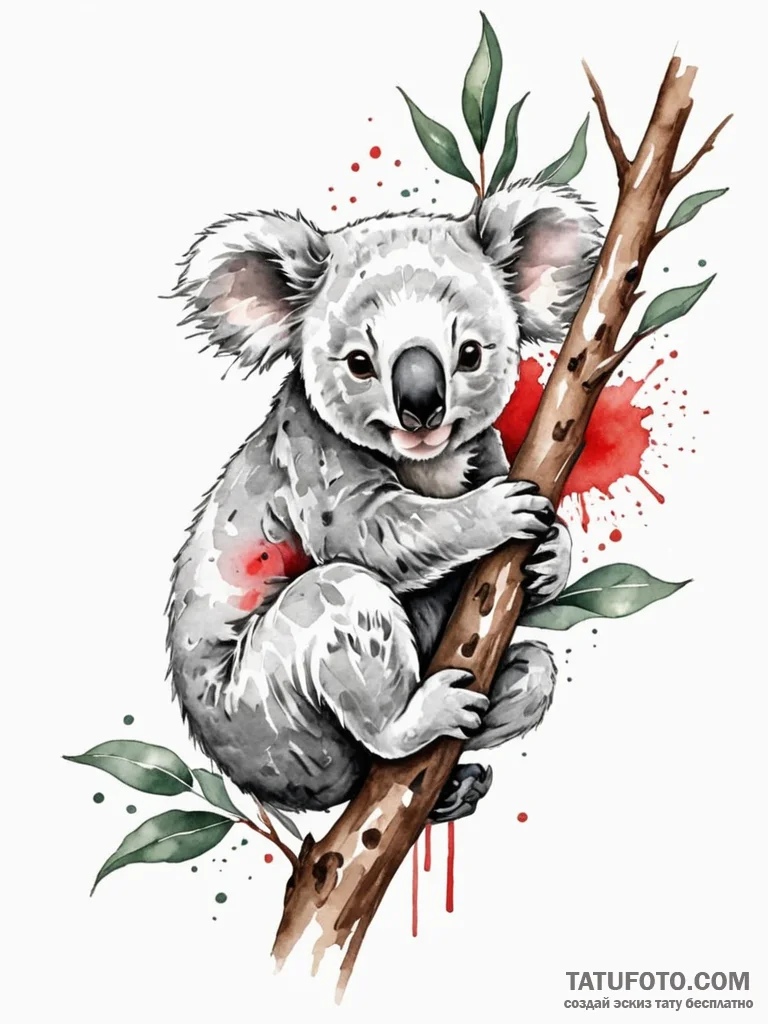 A sleepy koala clinging to a eucalyptus tree... - эскиз тату (№1752717137_0, 17.07.2025 01:52) — Tatufoto.com