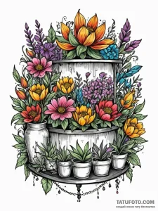 The interior of a vibrant, busy flower shop.,... - эскиз тату (№1752719077_0, 17.07.2025 02:24) — Tatufoto.com