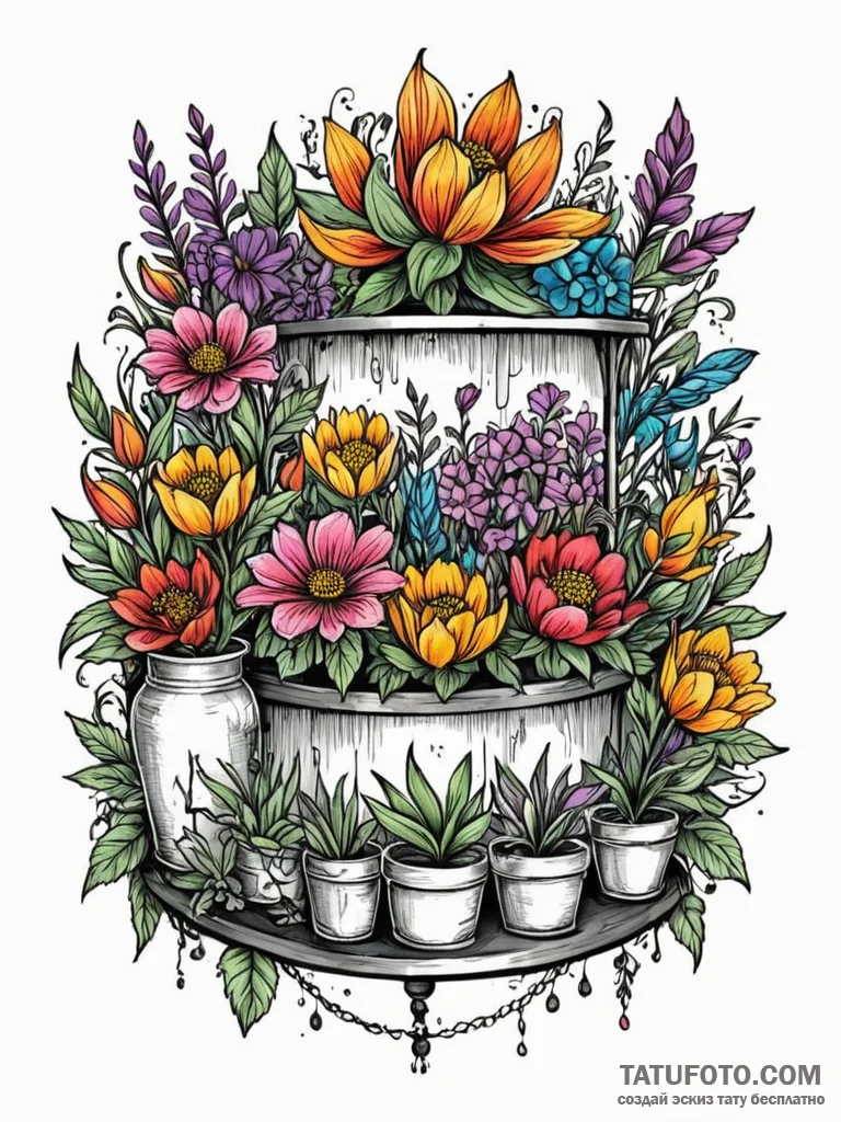 The interior of a vibrant, busy flower shop.,... - эскиз тату (№1752719077_0, 17.07.2025 02:24) — Tatufoto.com