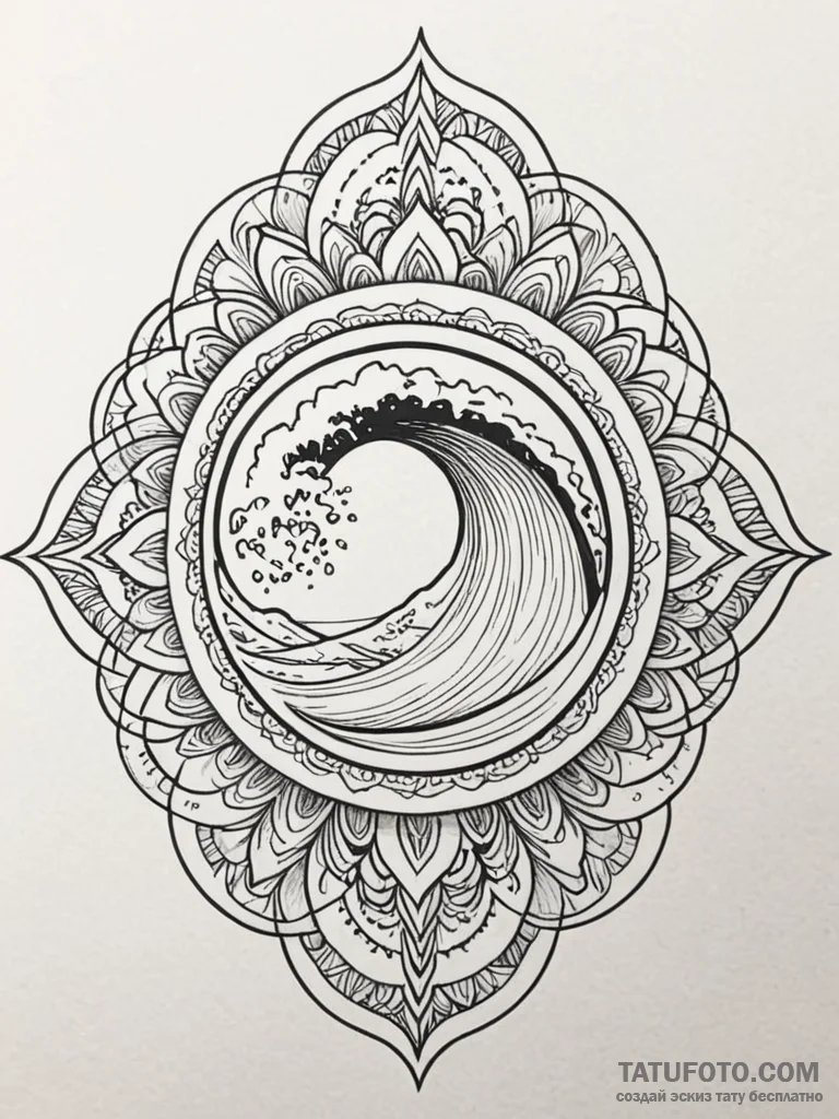 A surfer riding a massive, curling wave., tat… — эскиз тату (№1752719479_0, 17.07.2025 02:31) — Tatufoto.com