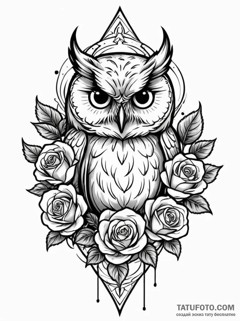 Tattoo design a watchful owl, eyes piercing,... - эскиз тату (№1752722435_0, 17.07.2025 03:20) — Tatufoto.com
