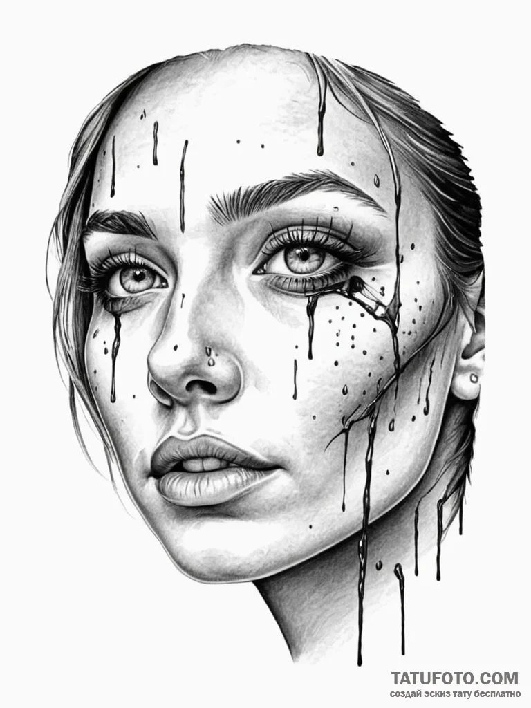 A close-up of a single tear rolling down a pe… — эскиз тату (№1752723176_0, 17.07.2025 03:32) — Tatufoto.com