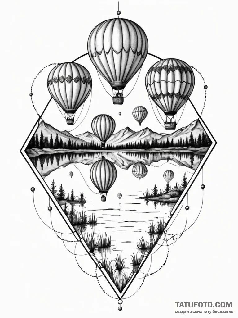 A group of hot air balloons reflected in a ca... - эскиз тату (№1752724034_0, 17.07.2025 03:47) — Tatufoto.com