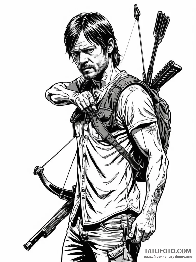 A sketch of daryl dixon from the walking dead... - эскиз тату (№1752724477_0, 17.07.2025 03:54) — Tatufoto.com