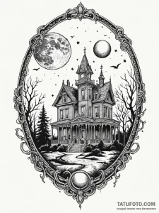 Tattoo sketch a haunted mansion silhouette ag... - эскиз тату (№1752724906_0, 17.07.2025 04:01) — Tatufoto.com