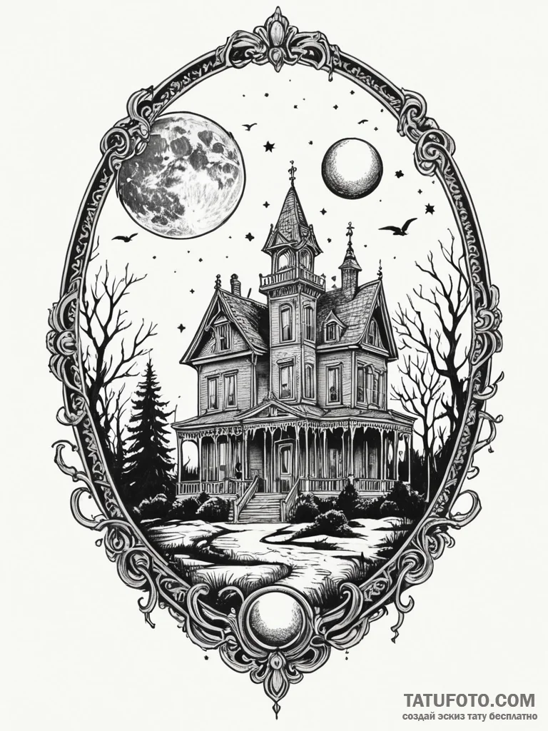 Tattoo sketch a haunted mansion silhouette ag… — эскиз тату (№1752724906_0, 17.07.2025 04:01) — Tatufoto.com